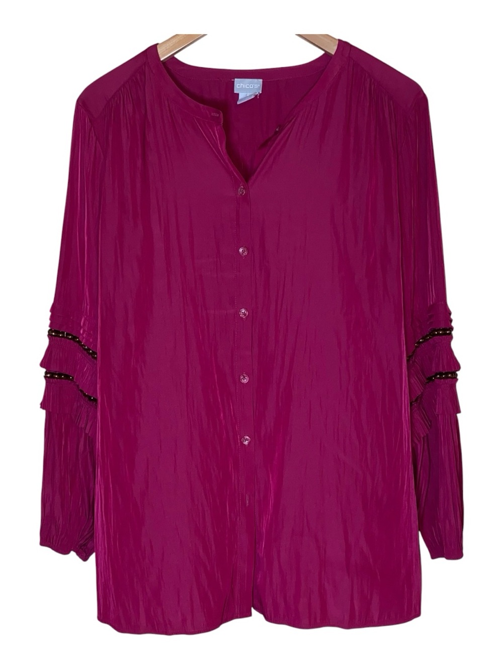 Chico's Polyester Burgundy Long Beaded & Fringe Sleeve Button Up Blouse size 3